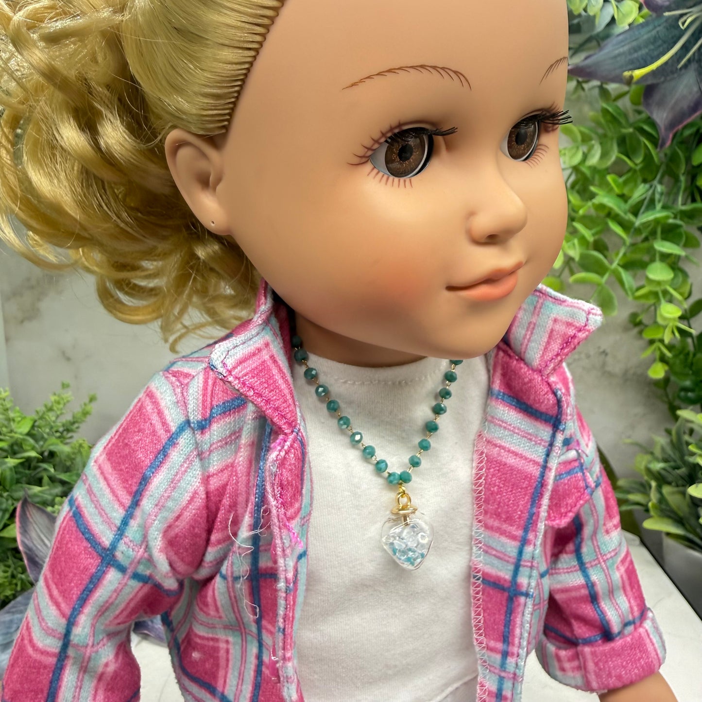 Clear Heart Charm W/ Crystals Turquoise Blue Glass Beaded Doll Necklace • 18 Inch Fashion Doll Jewelry