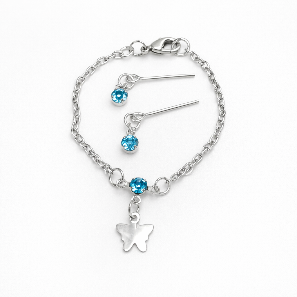 Teal Blue Rhinestone Silver Butterfly Charm Doll Necklace & Earrings Set for 14 Inch Fashion Dolls