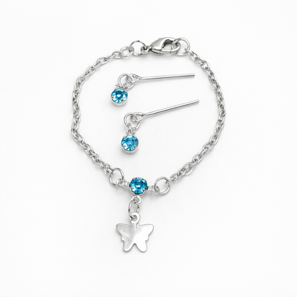 Teal Blue Rhinestone Silver Butterfly Charm Doll Necklace & Earrings Set for 14 Inch Fashion Dolls