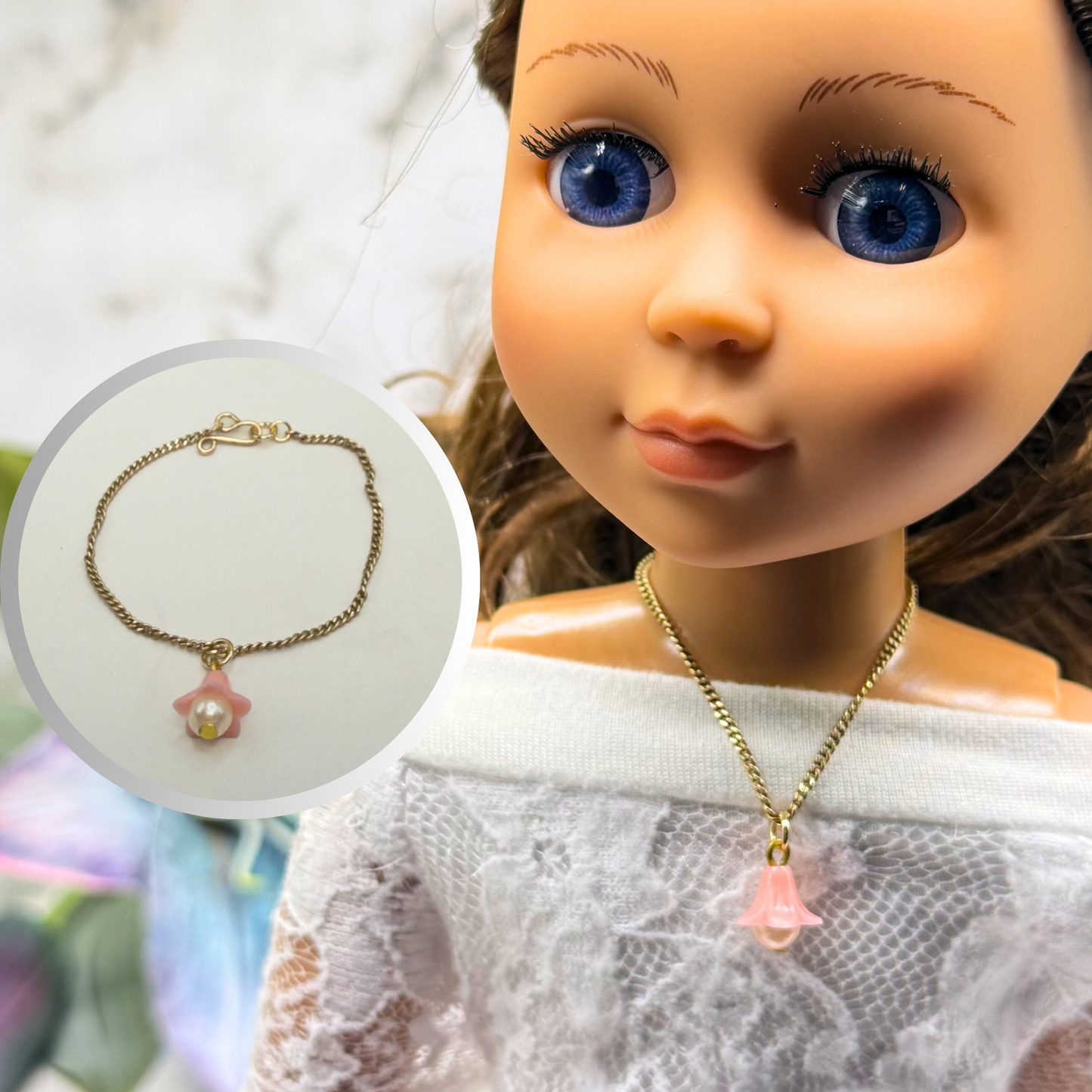 Pink Bell Flower Pearl Center Charm Gold Chain Doll Necklace • 14 Inch Fashion Doll Jewelry