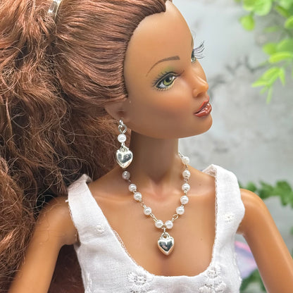 Pearl Beaded Silver Heart Charm Doll Necklace & Earrings • 16 Inch Fashion Doll Jewelry