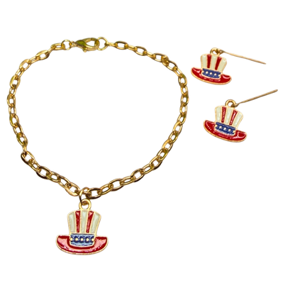 Red White Blue Patriotic Top Hat Charm Doll Necklace & Earrings for 18 Inch Fashion Doll