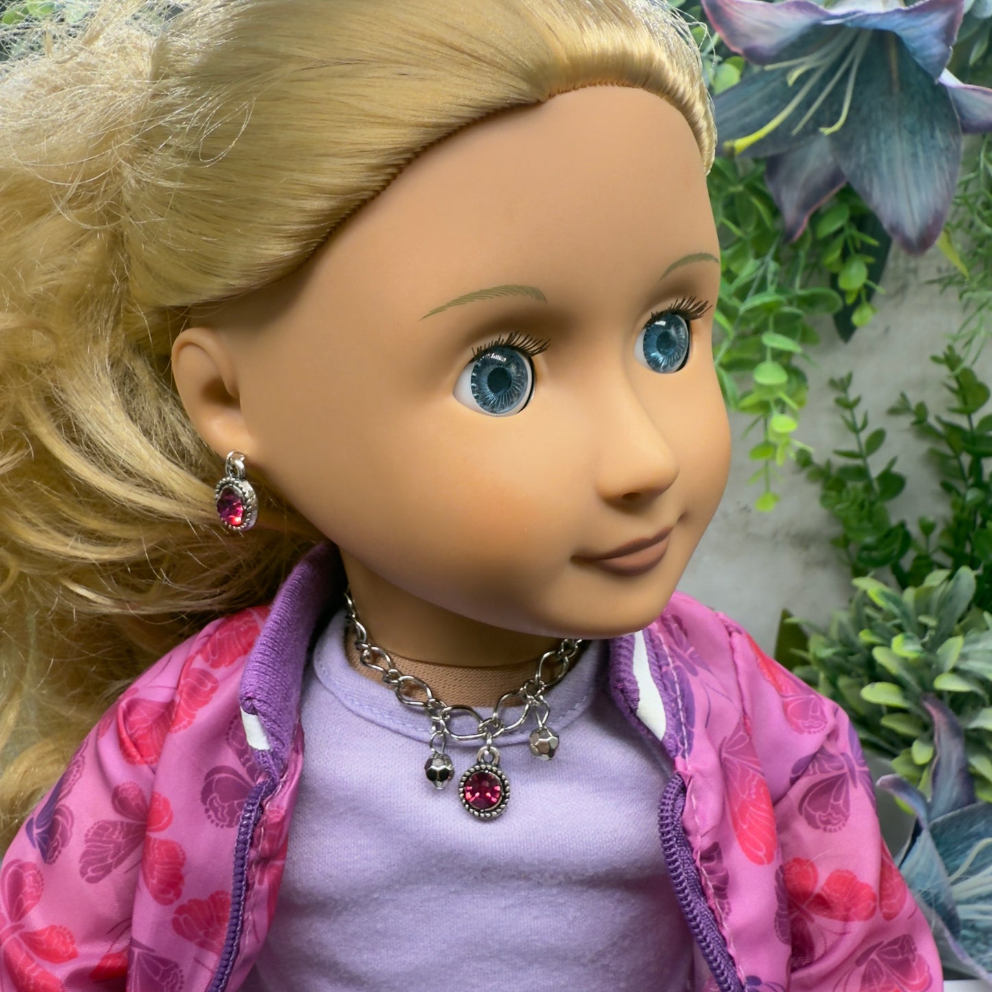 Dark Pink Rhinestone Large Silver Link Necklace & Earrings Set • 18 Inch Fashion Doll Jewelry