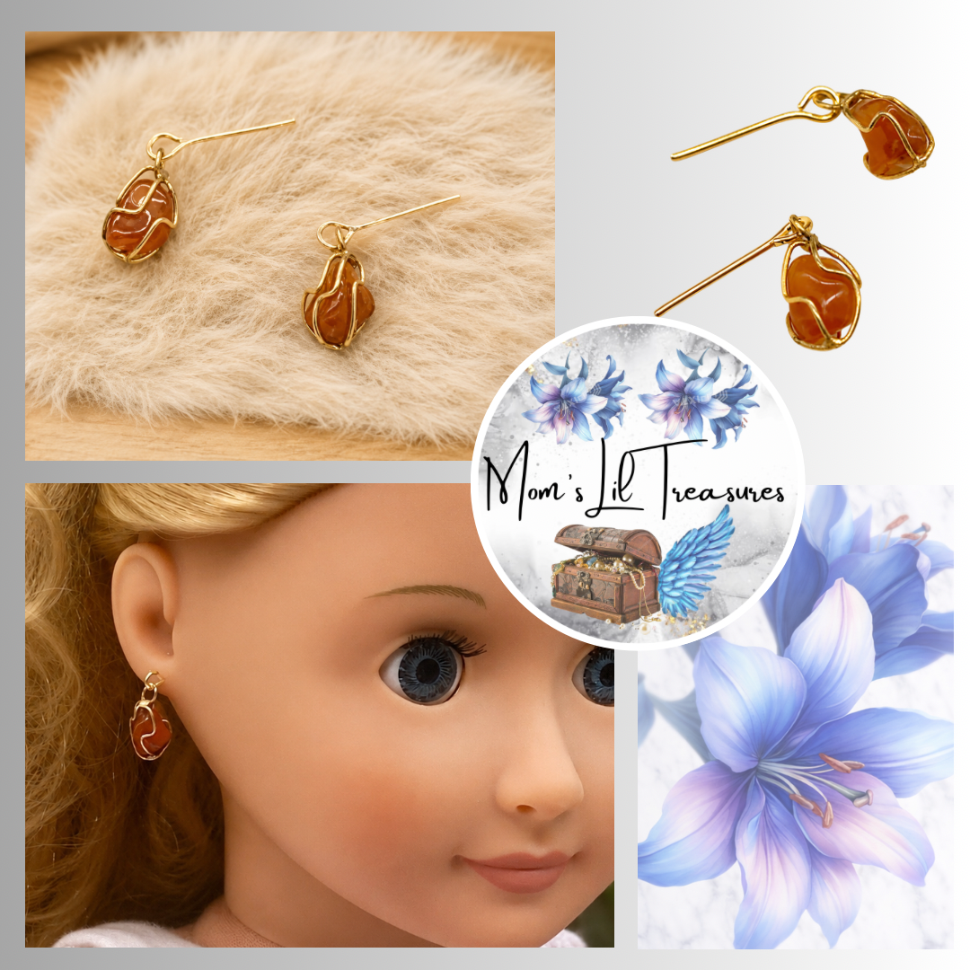Red Orange Glass Stone Gold Tone  Cage Dangle Doll Earrings • 18” Doll Jewelry