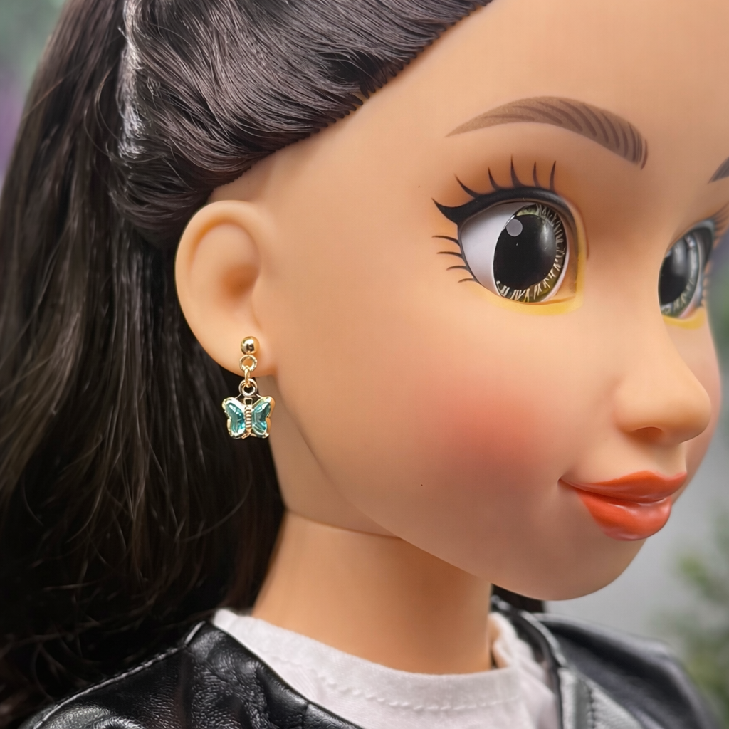 Teal Dangle Butterfly Charm Gold Post Doll Earrings • 18 Inch Fashion Doll Jewelry