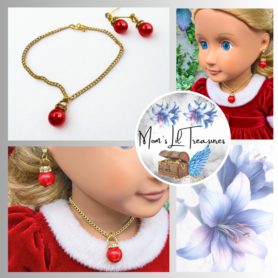Red Pearly Christmas Ornament Charm Doll Necklace & Earrings Set • 18 Inch Fashion Doll Jewelry