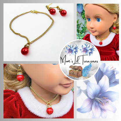 Red Pearly Christmas Ornament Charm Doll Necklace & Earrings Set • 18 Inch Fashion Doll Jewelry