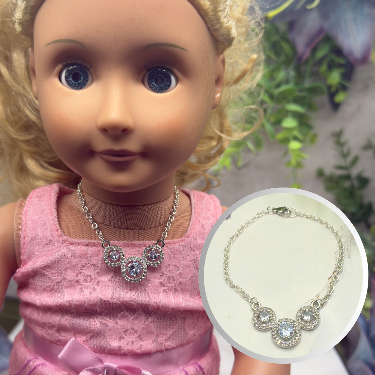 Triple Circle Round Clear Rhinestone Silver Doll Necklace • 18 Inch Fashion Doll Jewelry