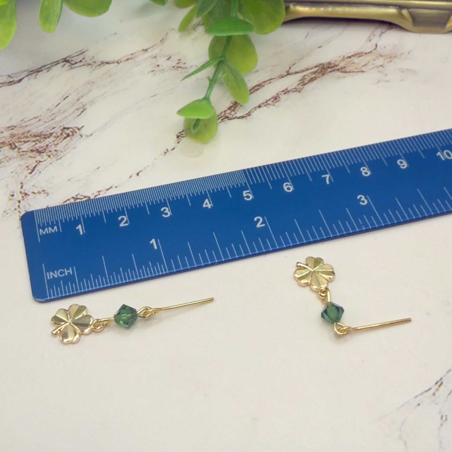 Gold Four-Leaf Clover Green Crystal Dangle Doll Earrings • 18 Inch Fashion Doll Jewelry