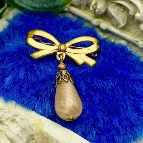 Tan Beige Glass Teardrop Pendant with Gold Tone Bow Pin • Doll Brooch