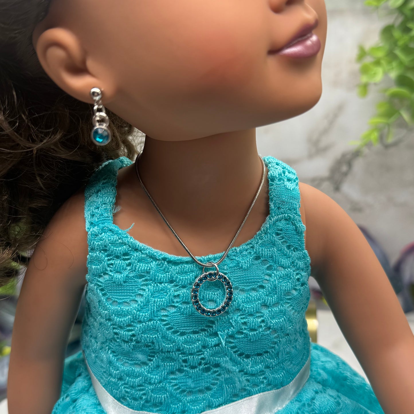 Turquoise Rhinestone Round Pendant Doll Necklace & Earrings Set • 18 Inch Fashion Doll Jewelry