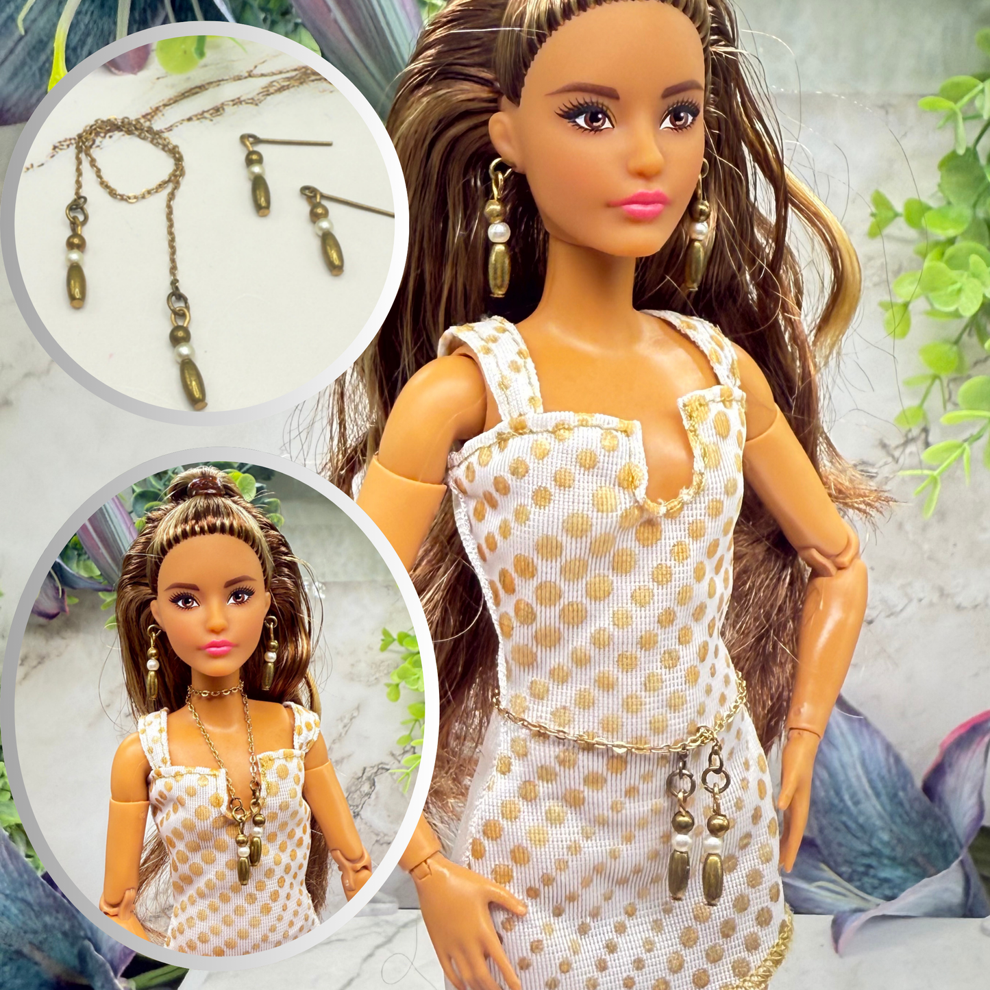 Brass Bronze Pearl Drop Wrap Doll Necklace / Belt & Earrings • 10-12 Inch Fashion Doll Jewelry 1:6
