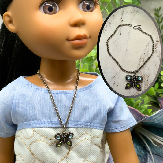 Butterfly Green Blue Rhinestone Pendant Gun Metal Silver Doll Necklace • 14 Inch Fashion Doll Jewelry