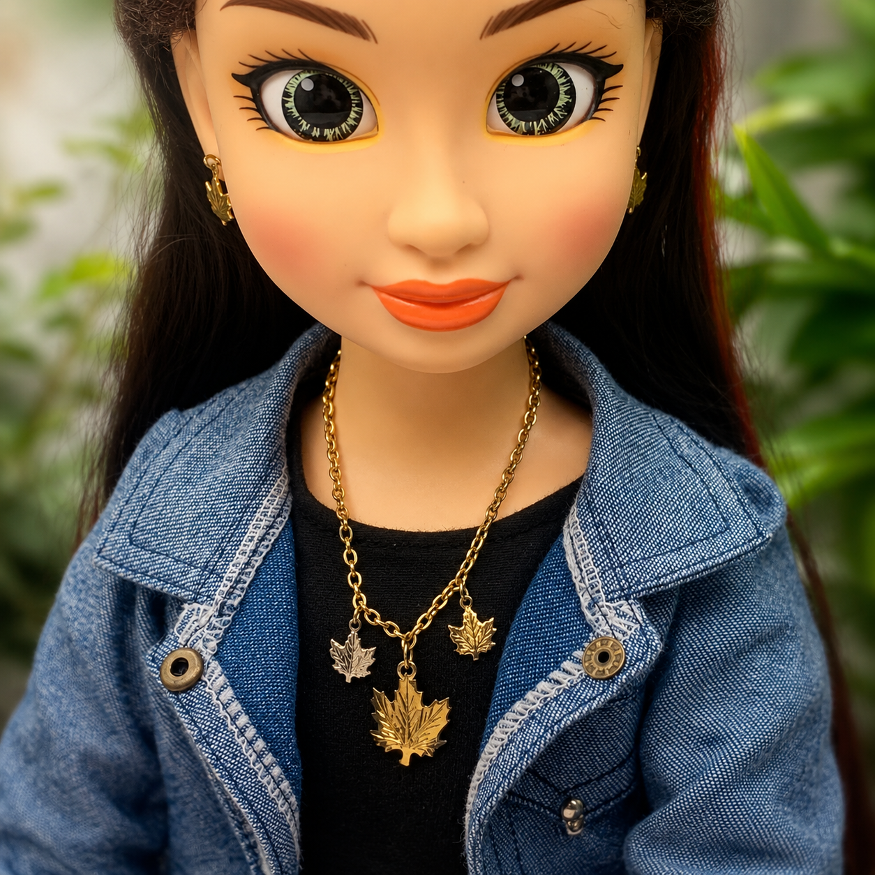 Gold Leaf Charm Dangle Doll Necklace Earrings Set • 18 Inch Fashion Doll Jewelry