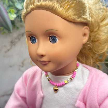 Pink & Pearl Beaded Gold Heart Valentine’s Day Doll Necklace • 18 Inch Fashion Doll Jewelry