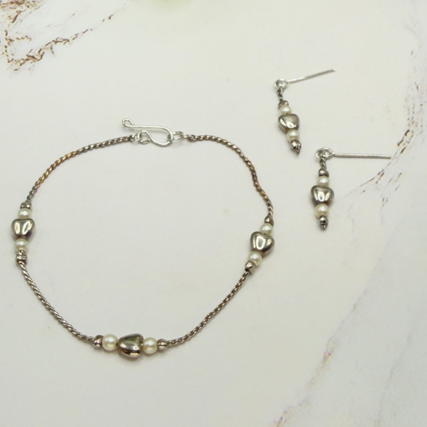 Silver Heart & Pearl Beaded Doll Necklace & Earrings Set • 18 Inch Fashion Doll Jewelry