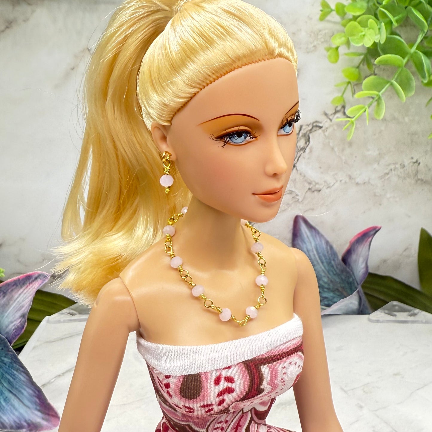 Light Pink Glass Beaded Gold Doll Necklace & Earrings • 16 Inch Fashion Doll Jewelry