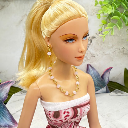 Light Pink Glass Beaded Gold Doll Necklace & Earrings • 16 Inch Fashion Doll Jewelry