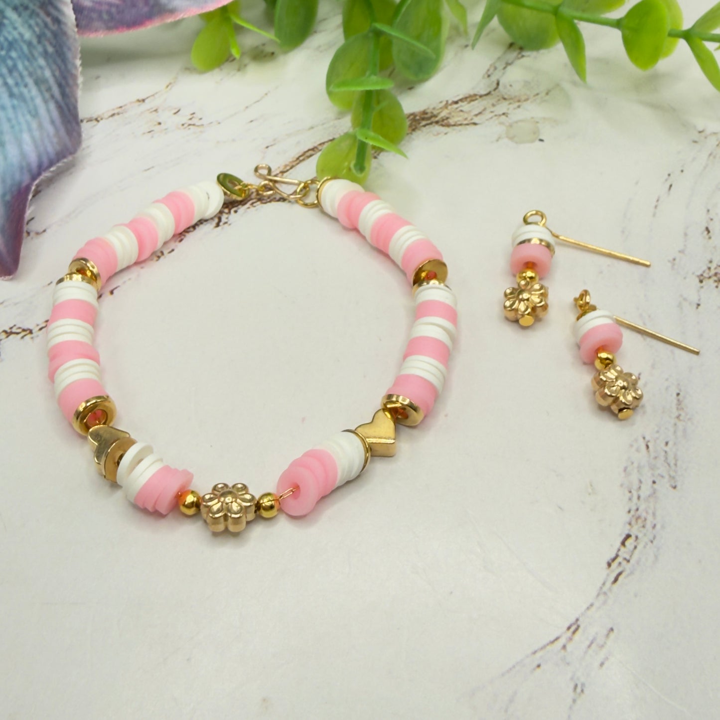 Pink White Disk Beaded Gold Flower Heart Doll Necklace & Earrings • 18 Inch Fashion Doll Jewelry