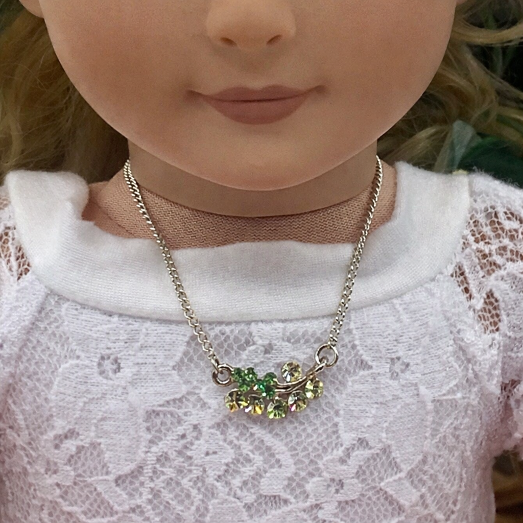 Clear Green Rhinestone Leaf Flower Pendant Gold Doll Necklace • 18” Doll Jewelry