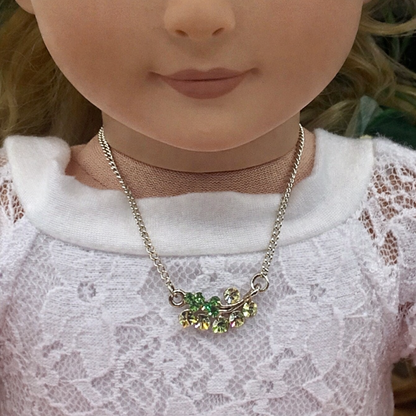 Clear Green Rhinestone Leaf Flower Pendant Gold Doll Necklace • 18” Doll Jewelry