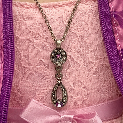 Red AB Rhinestone Dangle Pendant Gun Metal Doll Necklace • 18 Inch Doll Jewelry