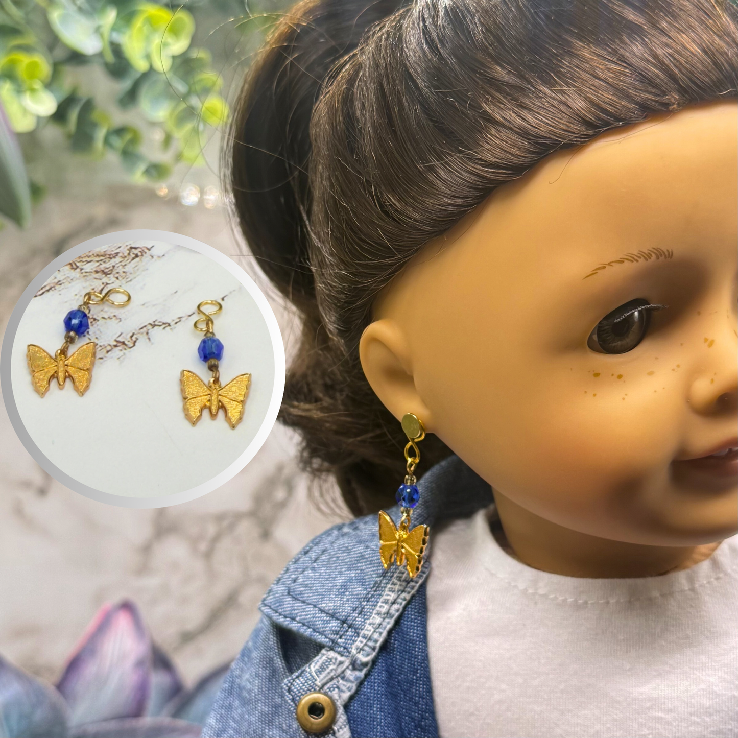 Gold Butterfly Blue Crystal Doll Earring DANGLE ONLY • 18 Inch Fashion Doll Jewelry