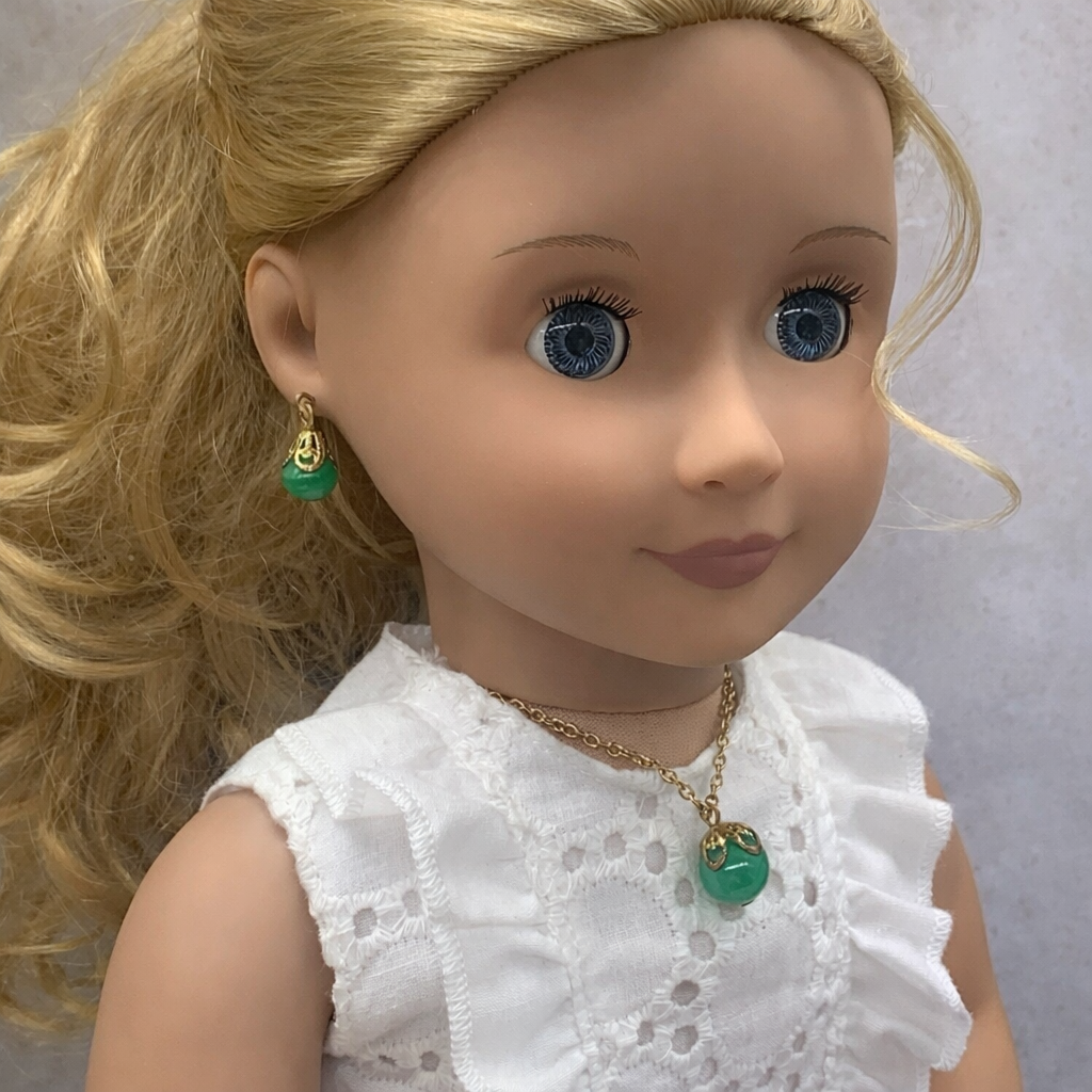 Green Glass Drop Pendant Doll Necklace Earrings Set for 18 Inch Doll Jewelry Accessory