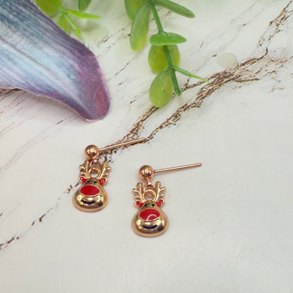 Copper Rose Gold Tone Rudolph Red Nose Reindeer Christmas Dangle Doll Earrings • 18 Inch Fashion Doll Jewelry