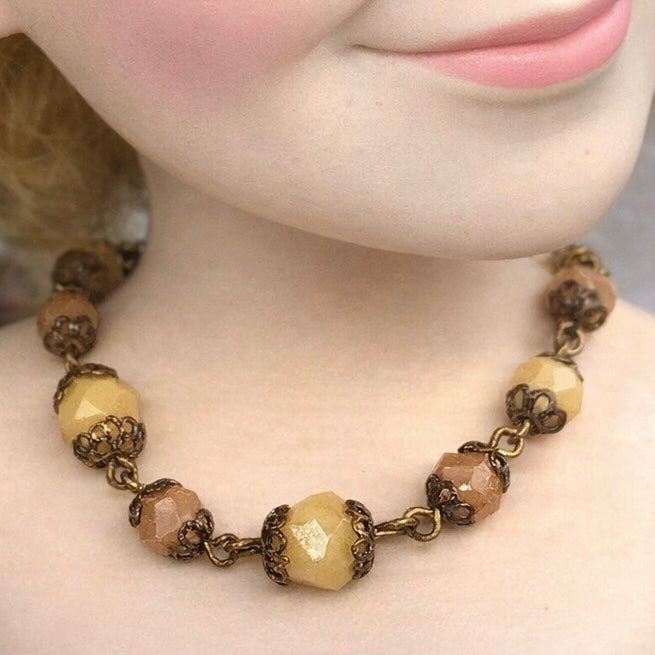 Brown Beige Bead Bronze Filigree Necklace Earrings Set for 18-22” Vintage Doll