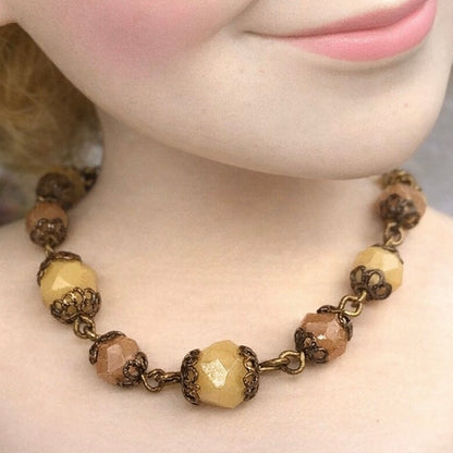 Brown Beige Bead Bronze Filigree Necklace Earrings Set for 18-22” Vintage Doll