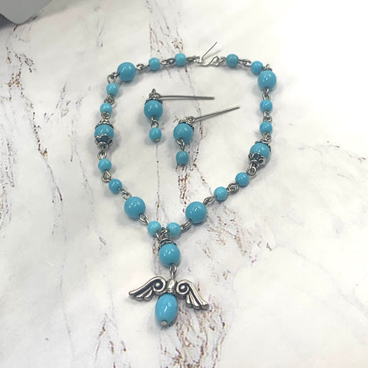 Blue Glass Bead Silver Angel Wings Pendant Necklace Earring Set • 18” Doll Jewelry