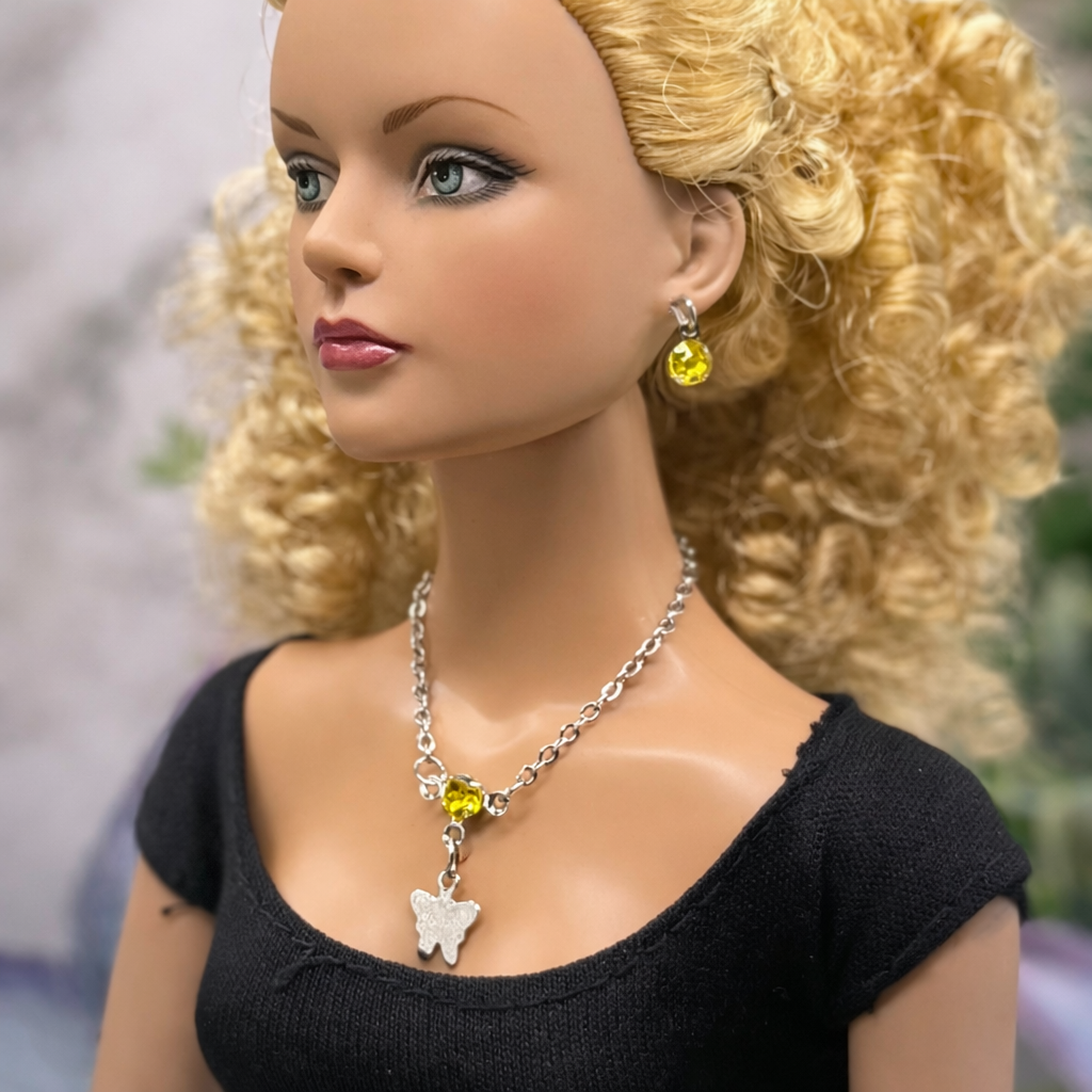 Yellow Rhinestone Silver Butterfly Charm Doll Necklace & Earrings for 16 Inch Fashion Dolls