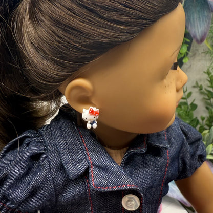 Hello Cat Kitty Red Polka Dot Bow Post Doll Earrings • 2mm Post for 18 Inch Fashion Doll