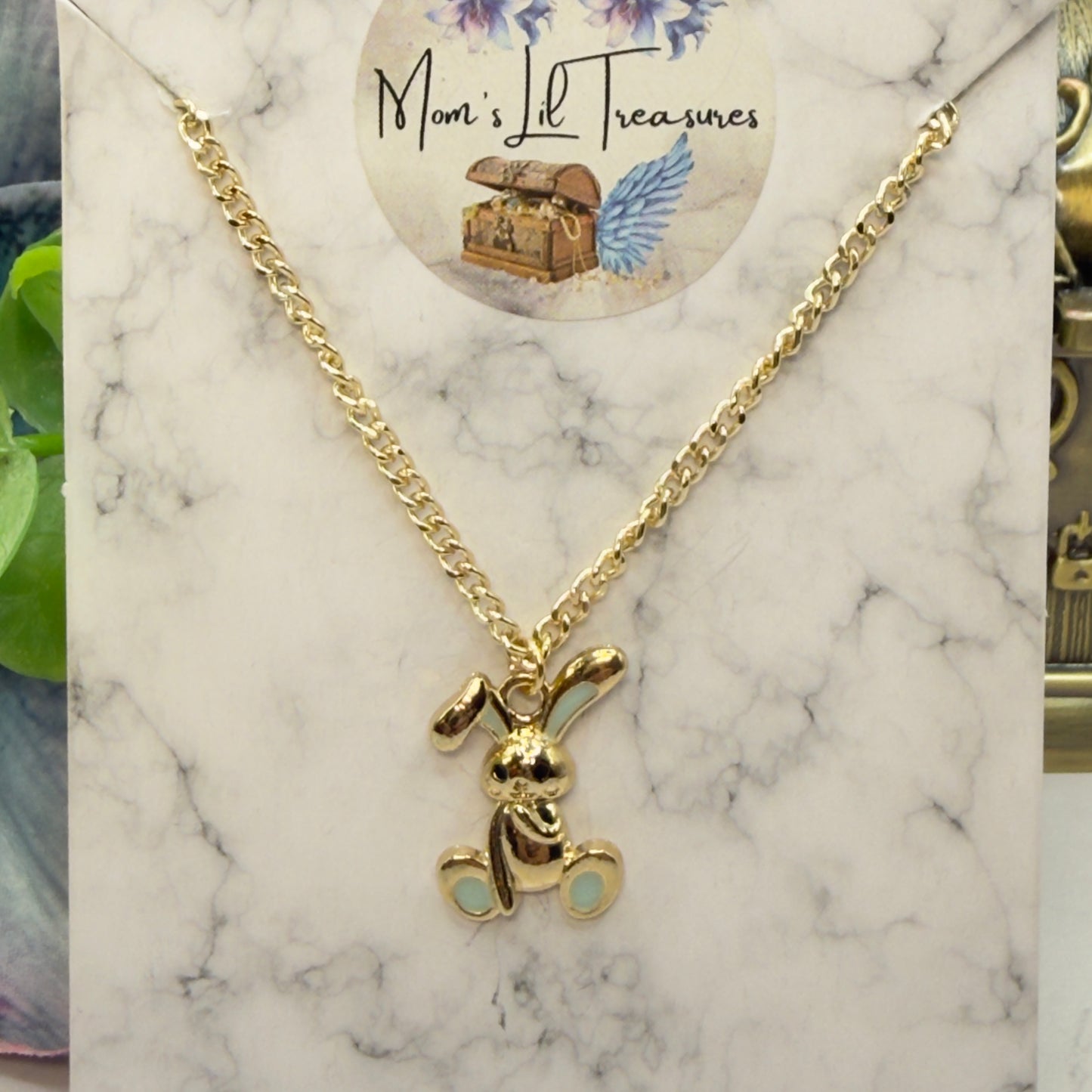 Floppy Ear Bunny Light Blue Enamel Detail Charm Gold Doll Necklace • 18 Inch Fashion Doll Jewelry