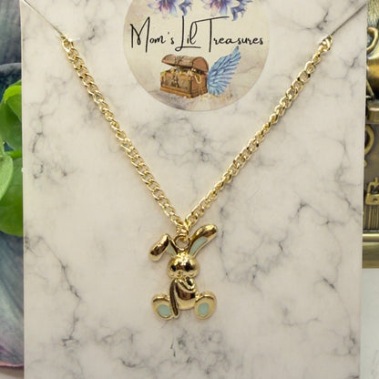 Floppy Ear Bunny Light Blue Enamel Detail Charm Gold Doll Necklace • 18 Inch Fashion Doll Jewelry