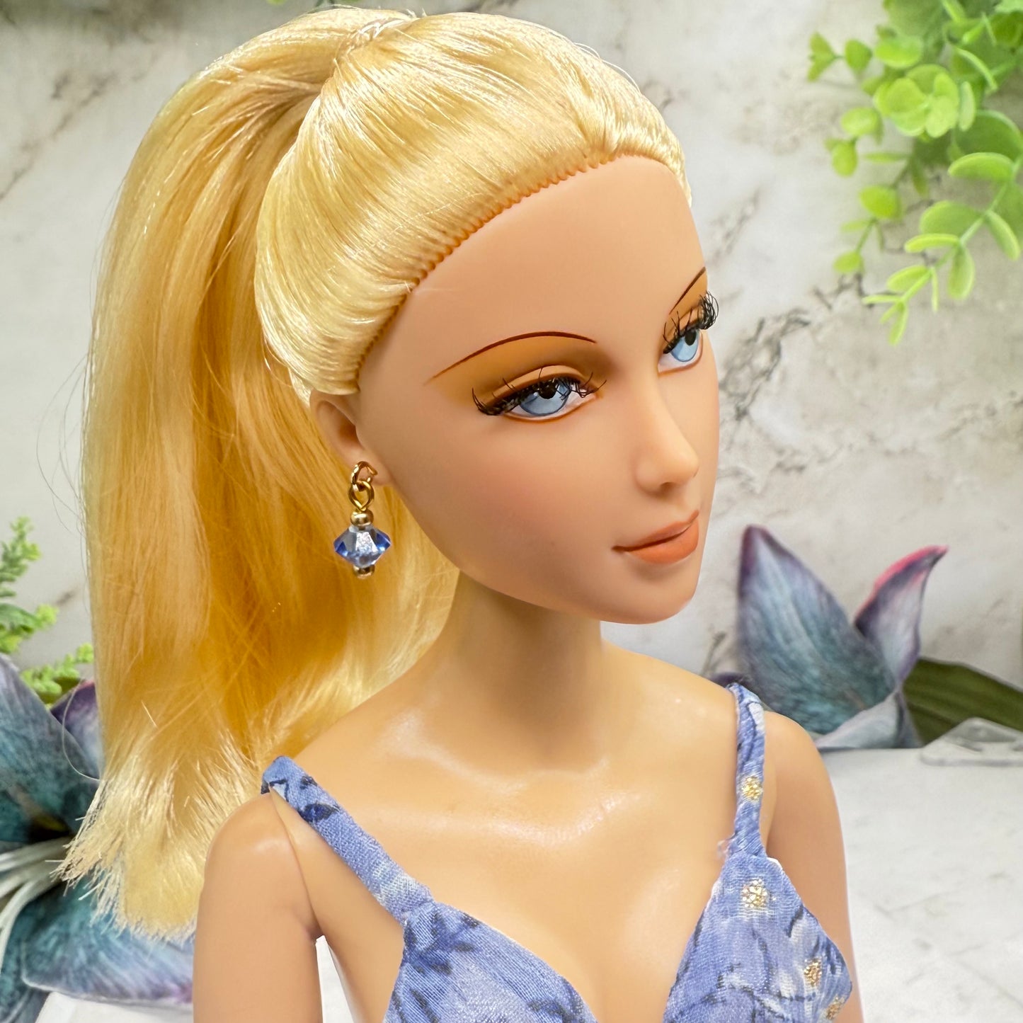 Blue Glass Crystal & Gold Dangle Doll Earrings • 16 Inch Fashion Doll Jewelry