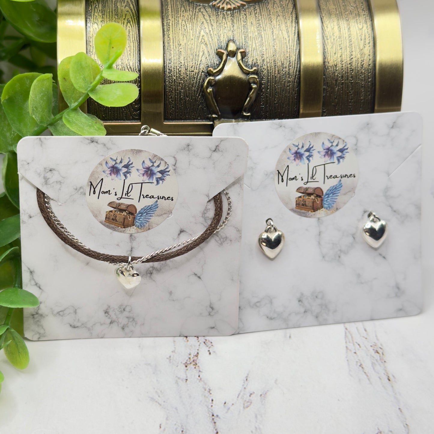 Dual Strand Brown Cord Silver Chain Heart Charm Doll Necklace & Earrings Set • 18 Inch Fashion Doll Jewelry