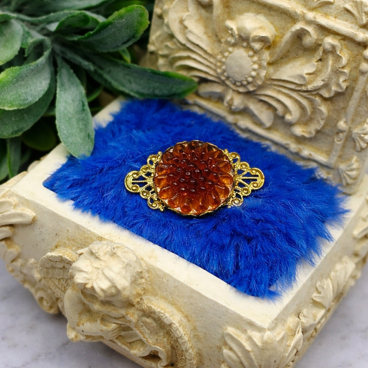 Gold Tone Filigree Brown Acrylic Button Flower Design • Doll Brooch