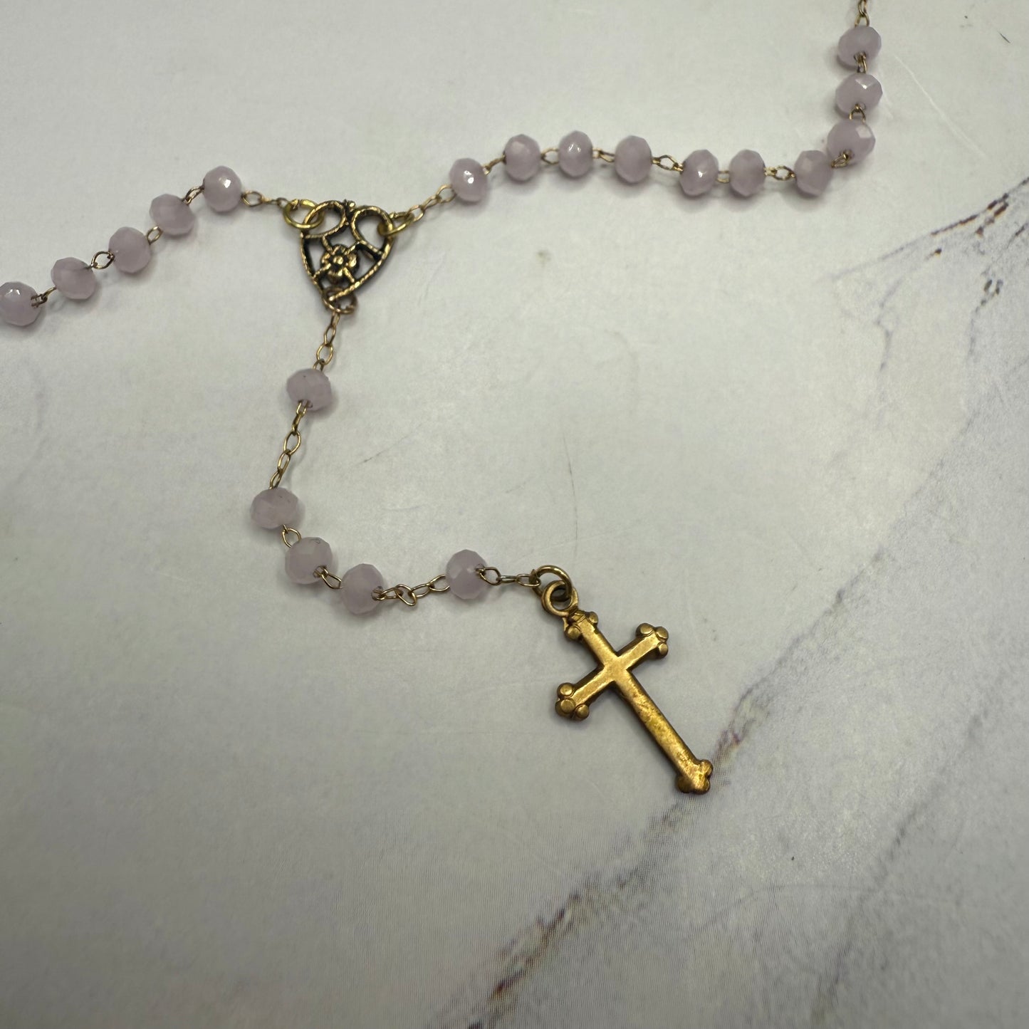 Light Pink Glass Crystal Gold Cross • Doll Size Catholic Rosary for 18-22” Fashion or Vintage Dolls