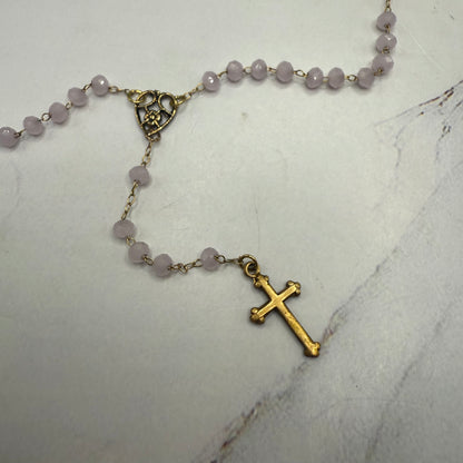 Light Pink Glass Crystal Gold Cross • Doll Size Catholic Rosary for 18-22” Fashion or Vintage Dolls