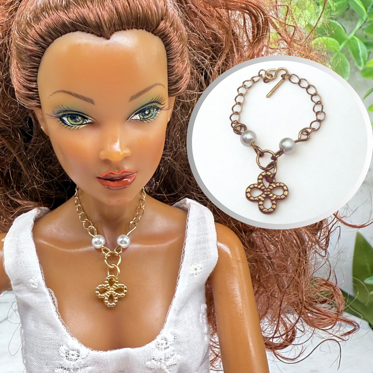 Clover Shape Pendant Pearl Accent Gold Chain Doll Necklace • 16 Inch Fashion Doll Jewelry