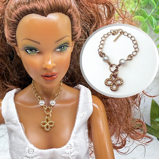 Clover Shape Pendant Pearl Accent Gold Chain Doll Necklace • 16 Inch Fashion Doll Jewelry