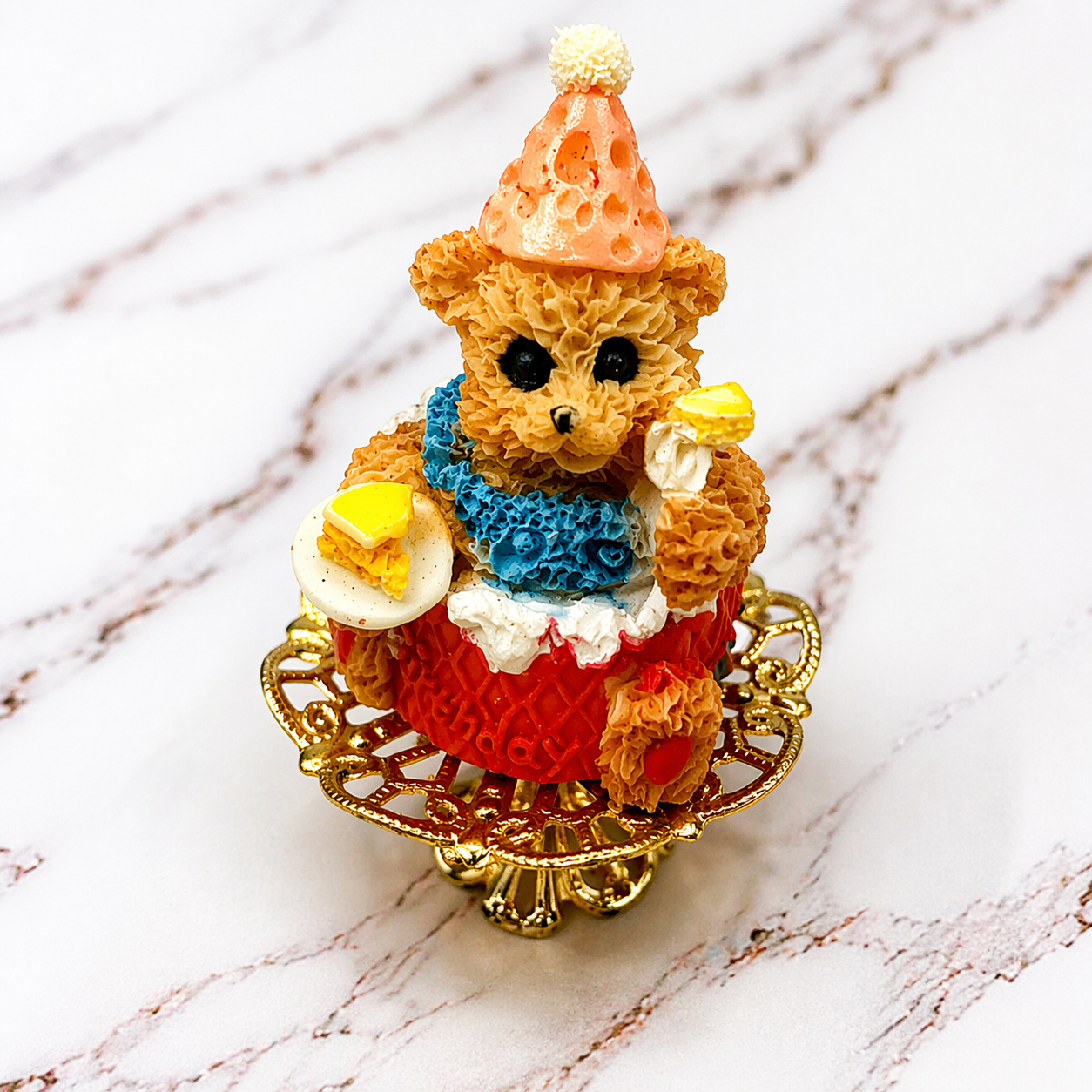 Dollhouse Miniatures • Teddy Bear Birthday Cake On Pedestal Platter