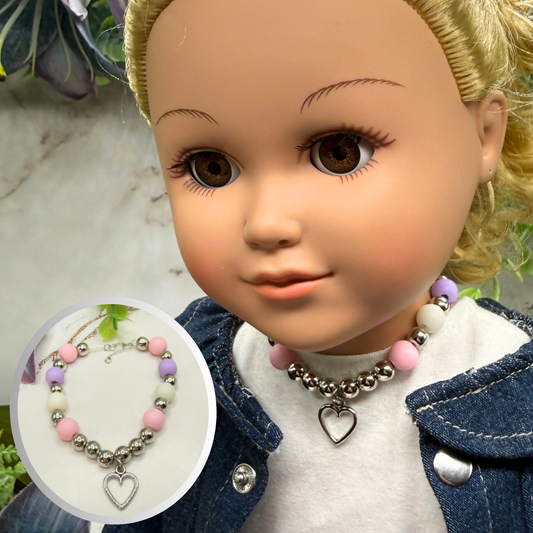Pink Purple Silver Beaded Heart Charm Doll Necklace • 18 Inch Fashion Doll Jewelry