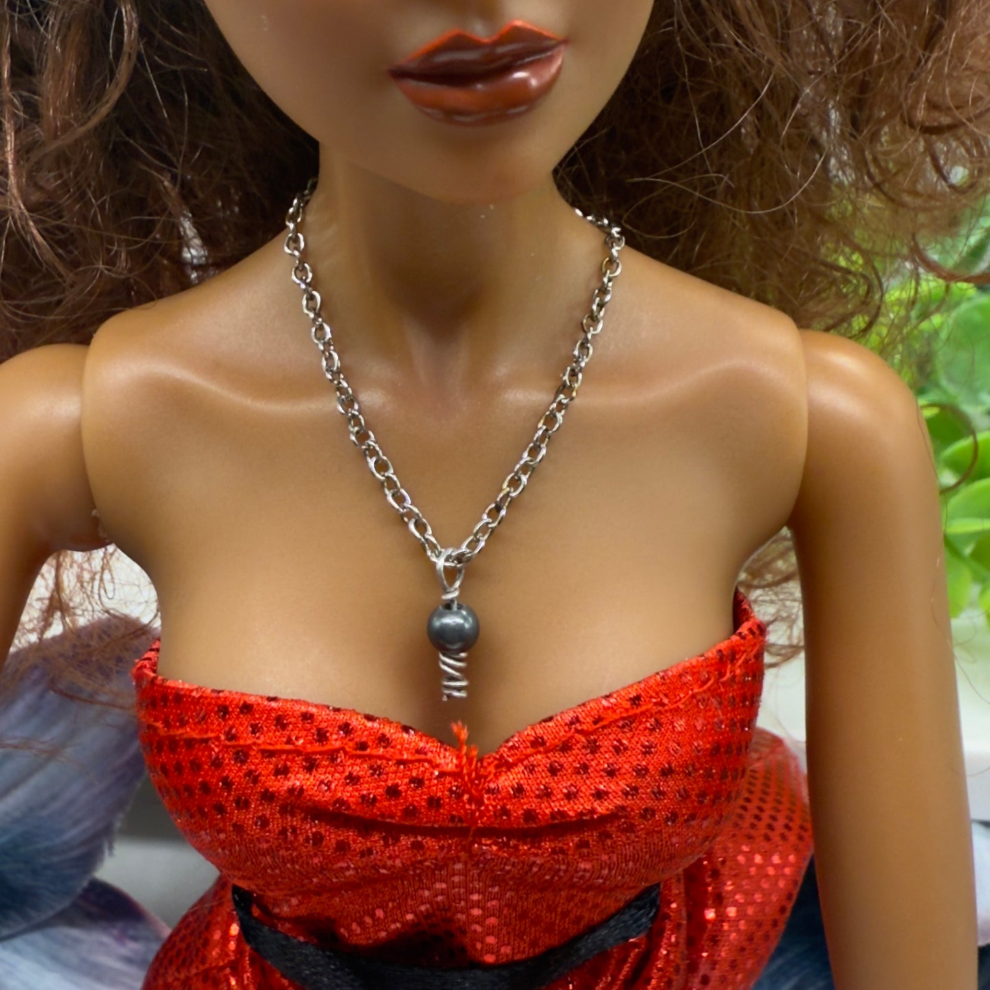 Metallic Gray Pearl Drop Pendant Silver Doll Necklace • 16” Fashion Doll Jewelry