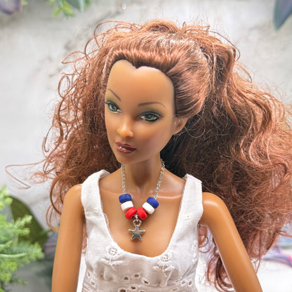 Red White Blue Beaded Silver Star Charm Doll Necklace for 16 Inch Fashion Doll