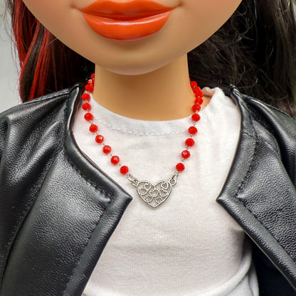 Red Glass Crystal Bead Silver Filigree Heart Charm Doll Necklace • 18 Inch Fashion Doll Jewelry
