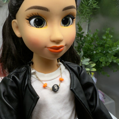 Skull Bones Halloween Silicone Beaded Gold Chain Doll Necklace • 18 Inch Fashion Doll Jewelry