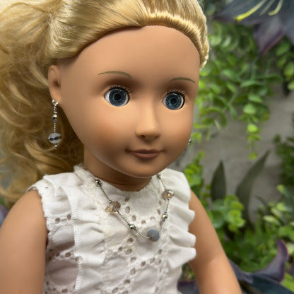 Gray Metallic Glass Crystal Beaded Silver Chain Doll Necklace• 18 Inch Fashion Doll Jewelry